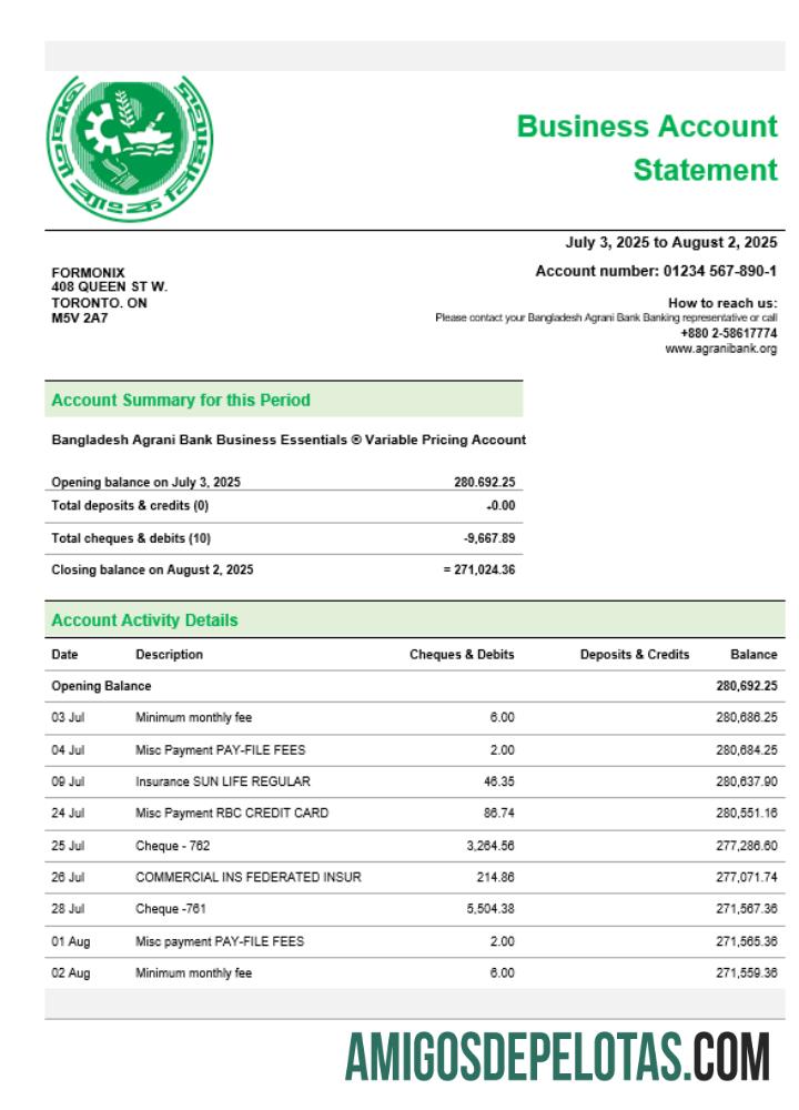 Baixável Agrani Bank Firm modelo de extrato de conta Word e PDF